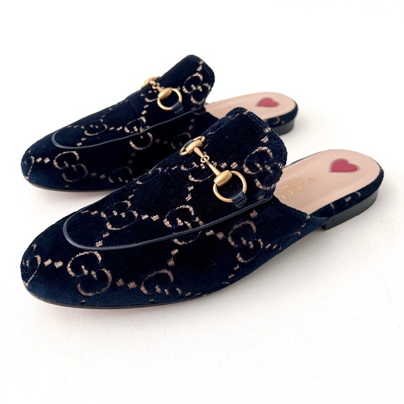 GUCCI | Navy GG Monogram Velvet Princetown Mules Horsebit Loafers Slip On 37.5 - Picture 1 of 9